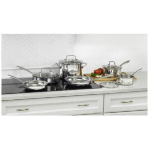 ECTQFQ51CRB70B_4 jpg - Jogo de Panelas e Frigideiras em Aço Inoxidável com 10 Peças, Bordas Cônicas para Vazamento sem Gotejamento e Alças de Aderência Fria, Cuisinart TPS-10, Prata