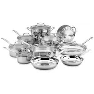 ECTQSEE4GHL10B_0 jpg - Conjunto de Panelas e Frigideiras de Aço Inoxidável, 17 Peças, CUISINART 77 17N, Prateado