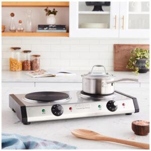 ECTQINBCECJ10B_4 jpg - Cooktop Elétrico Portátil com Queimador Duplo, Luzes Indicadoras e Controles de Temperatura Ajustáveis Separados de 6 Configurações, 110V 1800W, Cuisinart CB 60P1, Prata