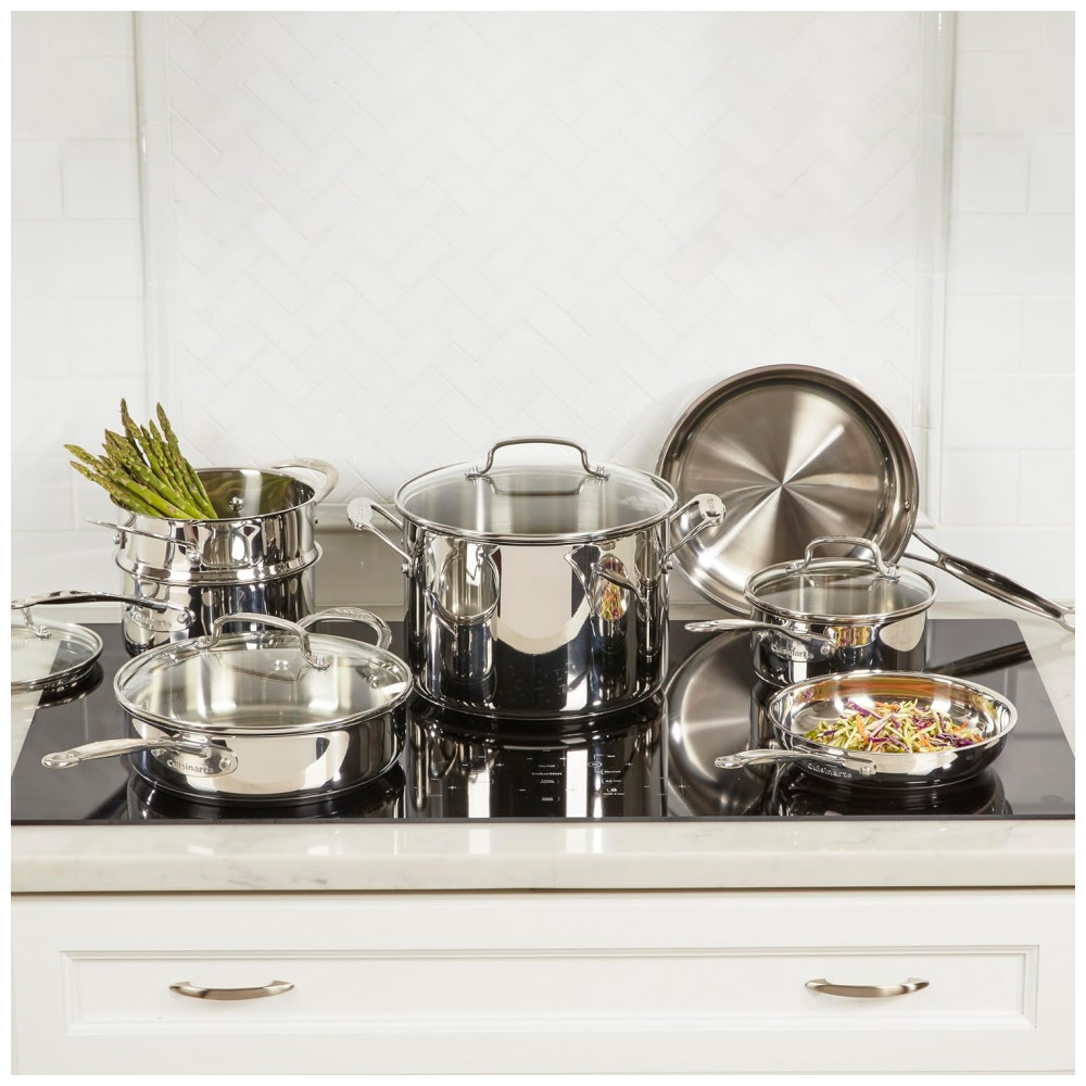 ECTQMXS50H500B_1 jpg - Conjunto de Panelas e Frigideiras de Aço Inoxidável, 11 Peças, CUISINART 77 11G, Prateado