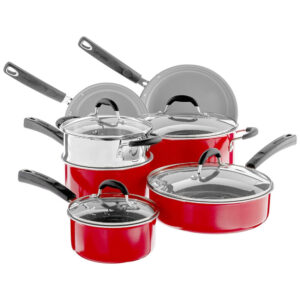 ECTQ1PGWZG670B_1 jpg - Jogo de Panelas com Interior Antiaderente Revestido de Cerâmica e Reforçado com Titânio, com 11 Peças, Cabo em Silicone e Tampas de Vidro, Cuisinart 733 30H, Vermelha