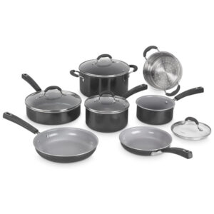 ECTQ3BDY4H670B_0 jpg - Jogo de Panelas com Interior Antiaderente Revestido de Cerâmica e Reforçado com Titânio, com 11 Peças, Cabo em Silicone e Tampas de Vidro, Cuisinart 733 30H, Preta