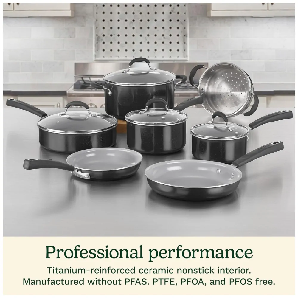 Jogo de Panelas 11 Peças Cuisinart 733 30H Antiaderente Cerâmica Reforçado com Titânio, Cabo Silicone e Tampas de Vidro, Preto