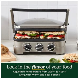 ECTQPNTHRTFF0B_4 jpg - Cuisinart Griddler Indoor Grill, Panini Press, Sandwich Maker e Mais, Churrasqueira 5 em 1, Placas Antiaderentes Laváveis na Lava Louças, GR4NNAS,