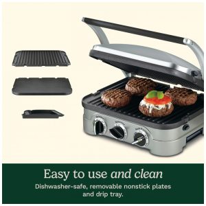ECTQPNTHRTFF0B_5 jpg - Cuisinart Griddler Indoor Grill, Panini Press, Sandwich Maker e Mais, Churrasqueira 5 em 1, Placas Antiaderentes Laváveis na Lava Louças, GR4NNAS,